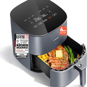 COSORI Airfryer. 7-in-1 Hot Air Fryer. Max. 230°C & 55dB Quiet Hot Air Fryer. 100+ Recipes. Chicken, Steak, Bacon, Frozen Food. 55% Energy Saving. Dishwasher Safe