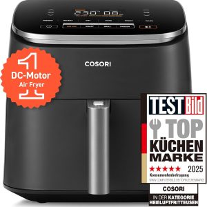 Cosori Turboblaze Airfryer. 9-in-1 Air Fryer XXL 6L. Quiet DC motor with 5 speed settings. Grilling. Baking. Fermenting. Dehydrating. Freezing. 87 recipes. 64% energy efficient.